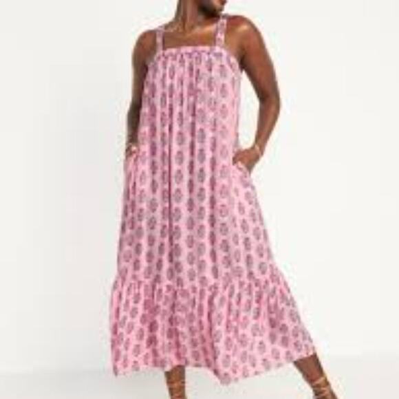 Old Navy Sleeveless Tie-Back Cutout Maxi Swing Pink Posie Dress Boho Size S - Picture 11 of 11